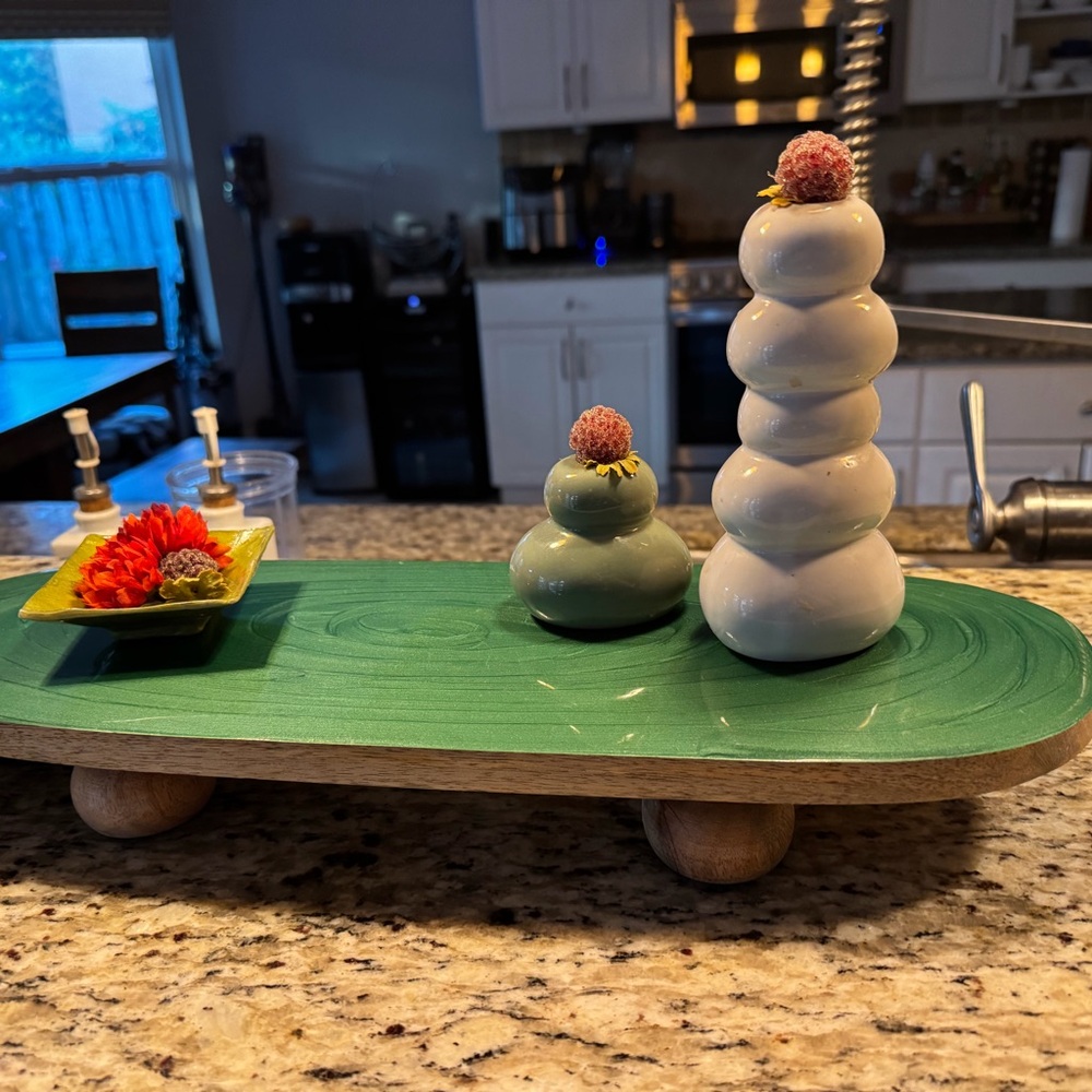 Green Wooden Serving Tray with Ceramic Decor